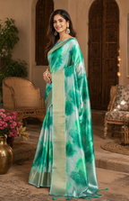 Soft Silk Blend Digital Print Saree With Unstitched Blouse(Green)