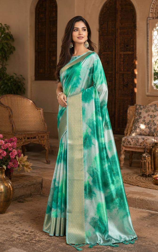 Soft Silk Blend Digital Print Saree With Unstitched Blouse(Green)