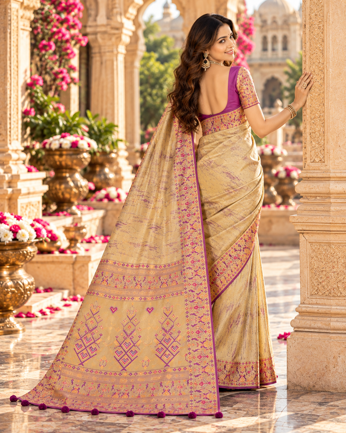 Premium Tissue Silk Zari Border Work Saree With Unstitched Blouse(Peach)