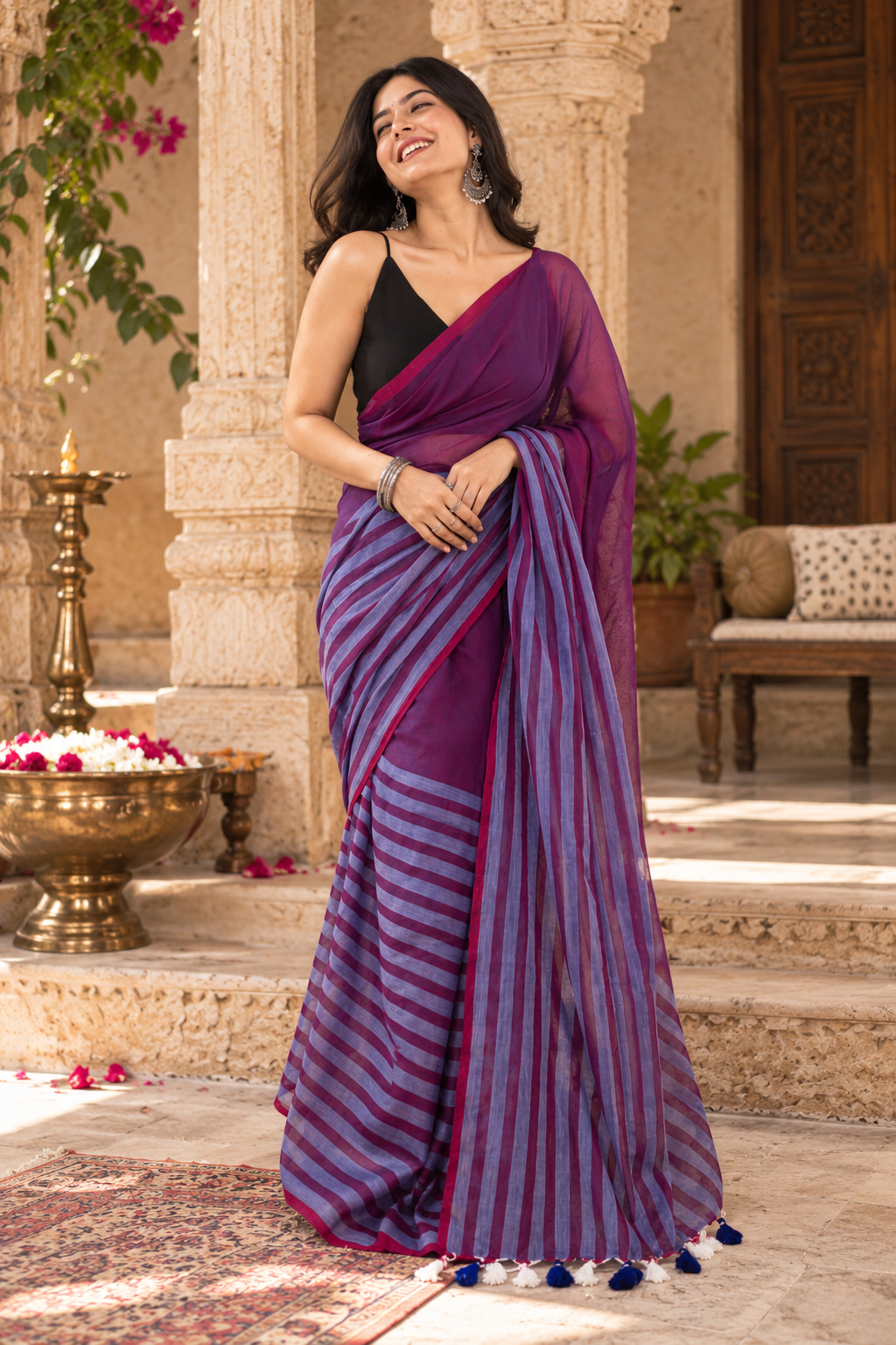Cotton Digital Printed Saree With Unstitched Blouse(Wine)
