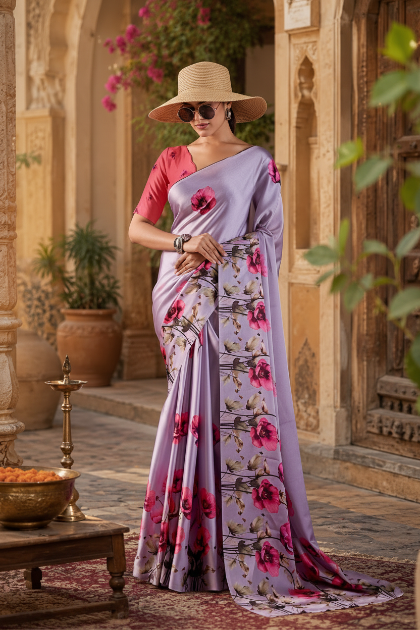 Satin Georgette Printed Printed Saree With Unstitched Blouse(Purple)