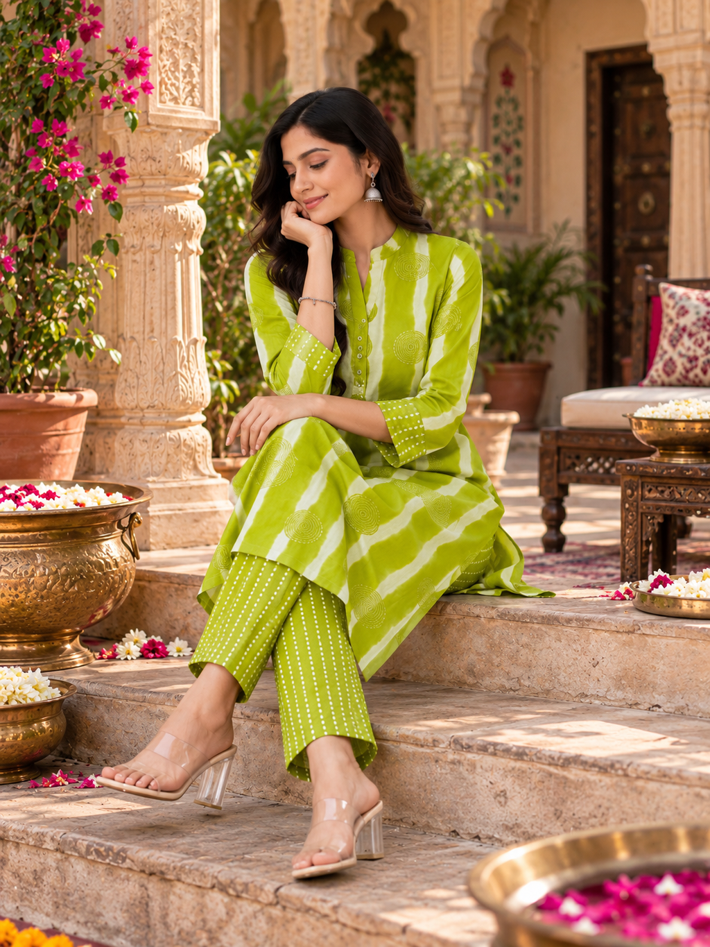 Poly Rayon Kurti Pant Set(Green)