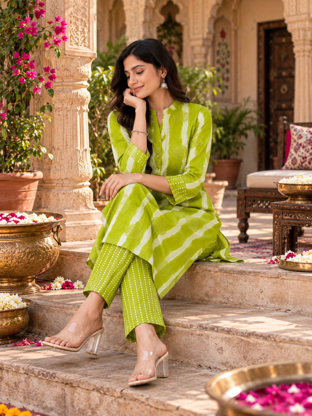 Poly Rayon Kurti Pant Set(Green)