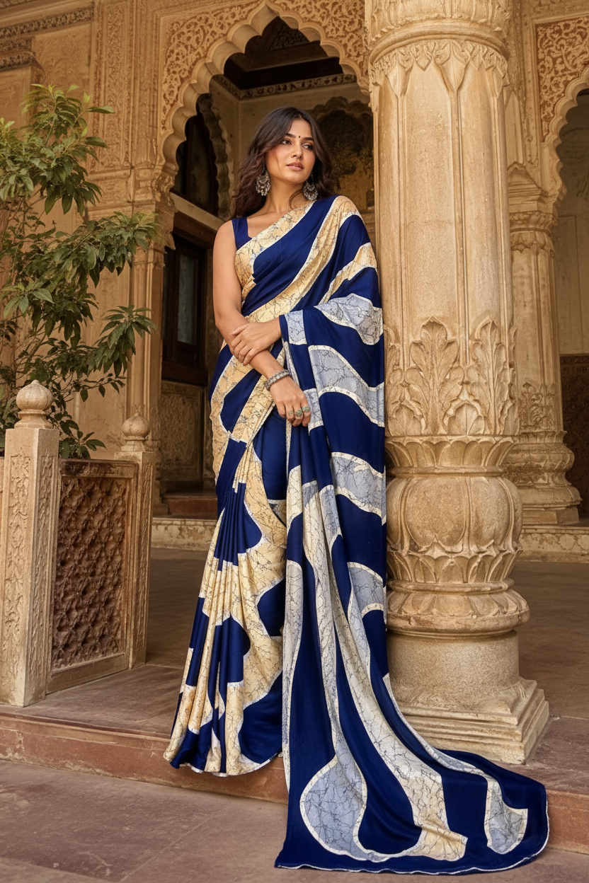 Premium Satin Silk Wave Print Saree With Unstitched Blouse(Blue)