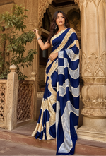 Load image into Gallery viewer, Premium Satin Silk Wave Print Saree With Unstitched Blouse(Blue)

