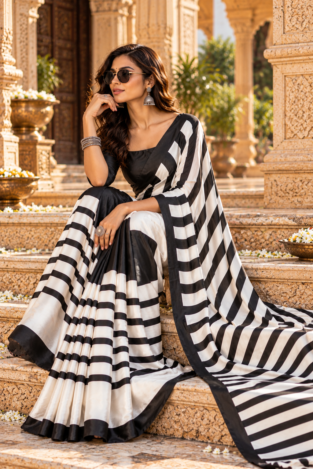 Satin Silk Printed Saree With Unstitched Blouse(Black)