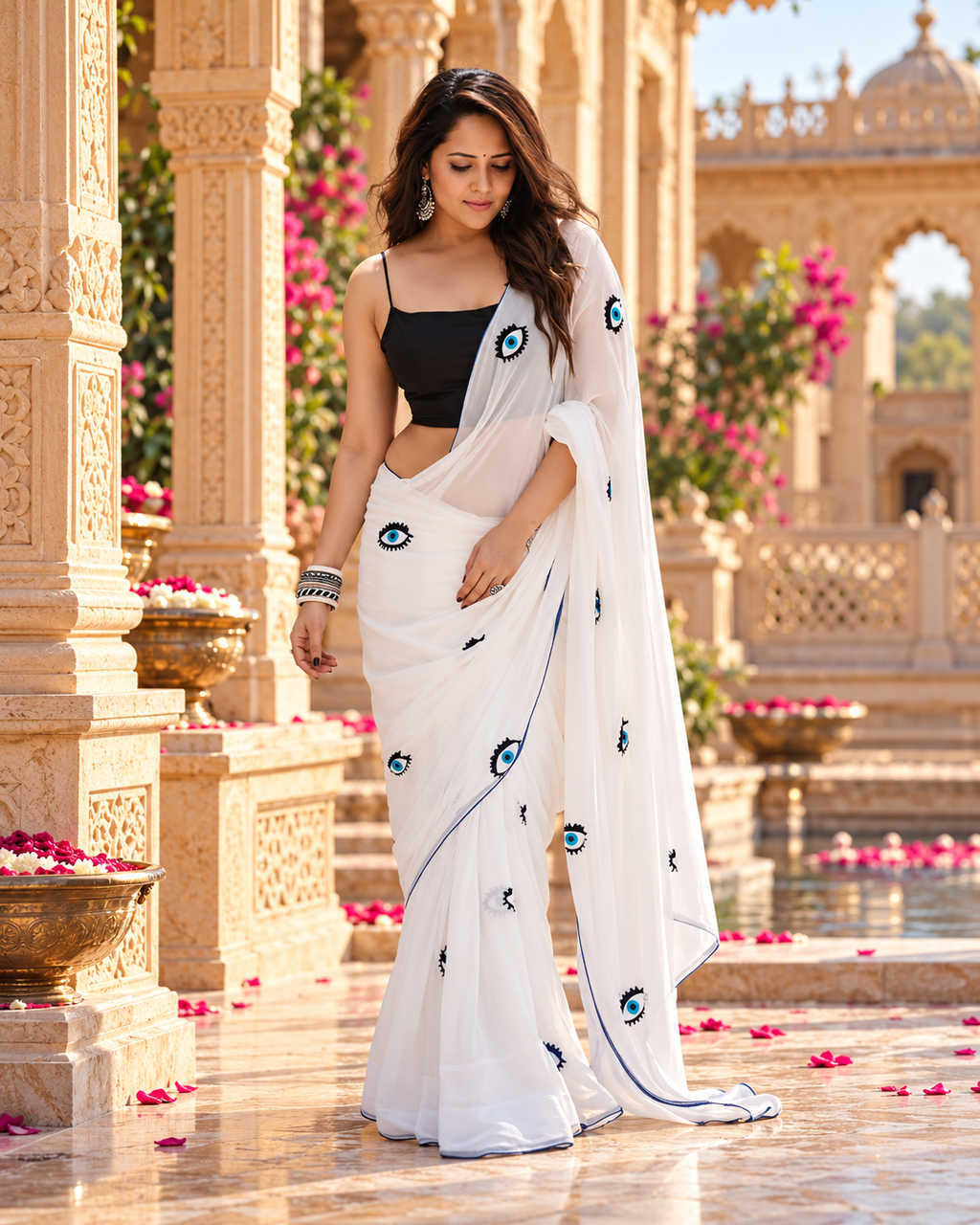 Georgette Ready To Wear Saree With unstitched Blouse(White)