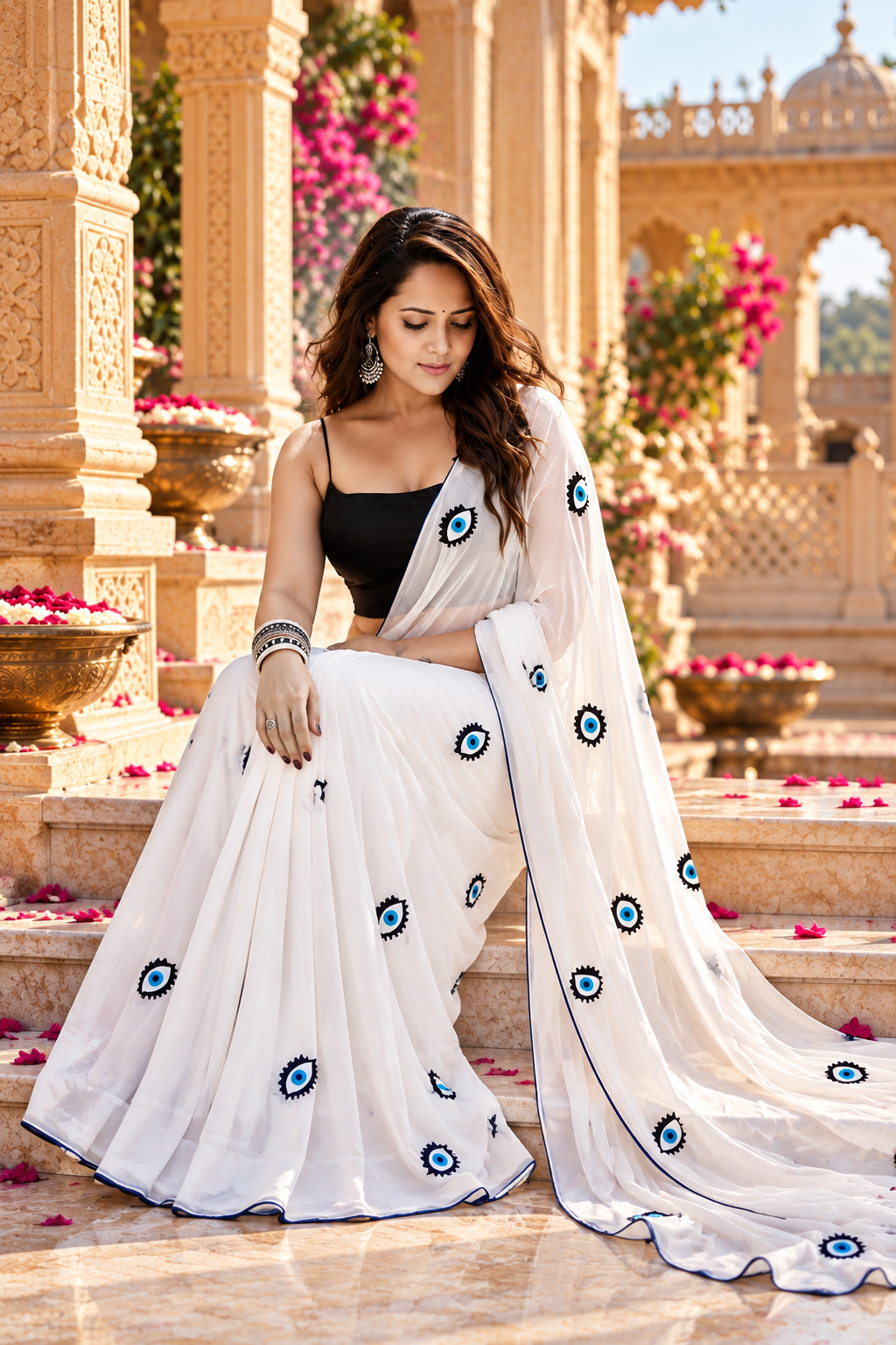 Georgette Ready To Wear Saree With unstitched Blouse(White)