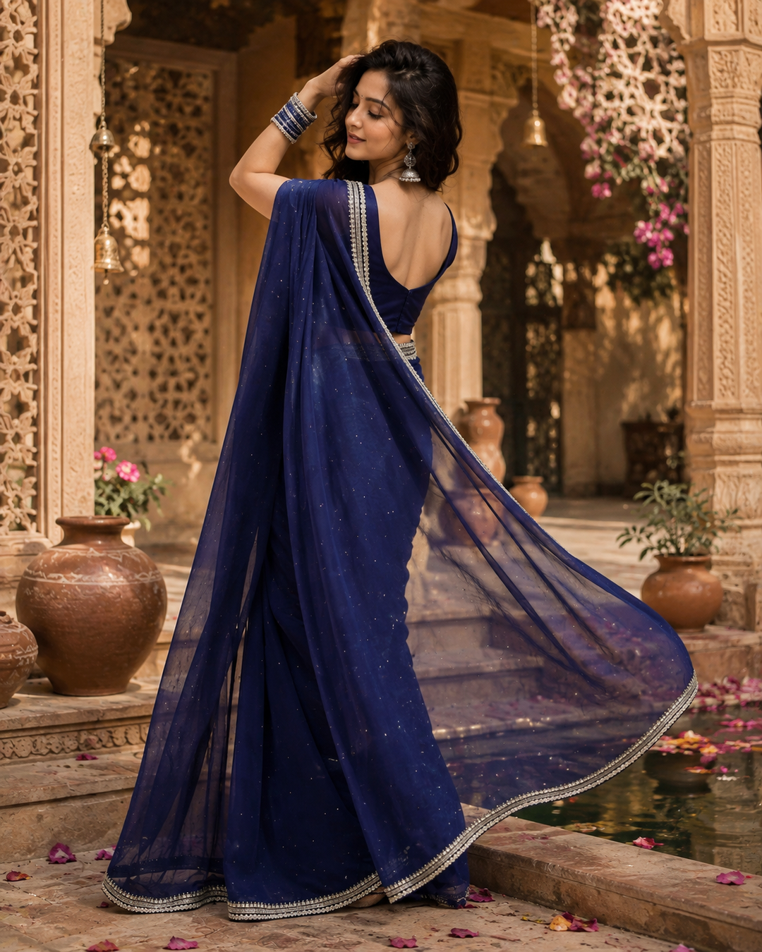 Organza Silk Sequins Work Saree With Unstitched Blouse(Blue)