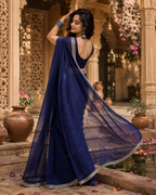 Organza Silk Sequins Work Saree With Unstitched Blouse(Blue)