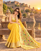 Premium Paithani Silk Tissue Mina Butti Jari Pallu Saree With Unstitched Blouse (Yellow)