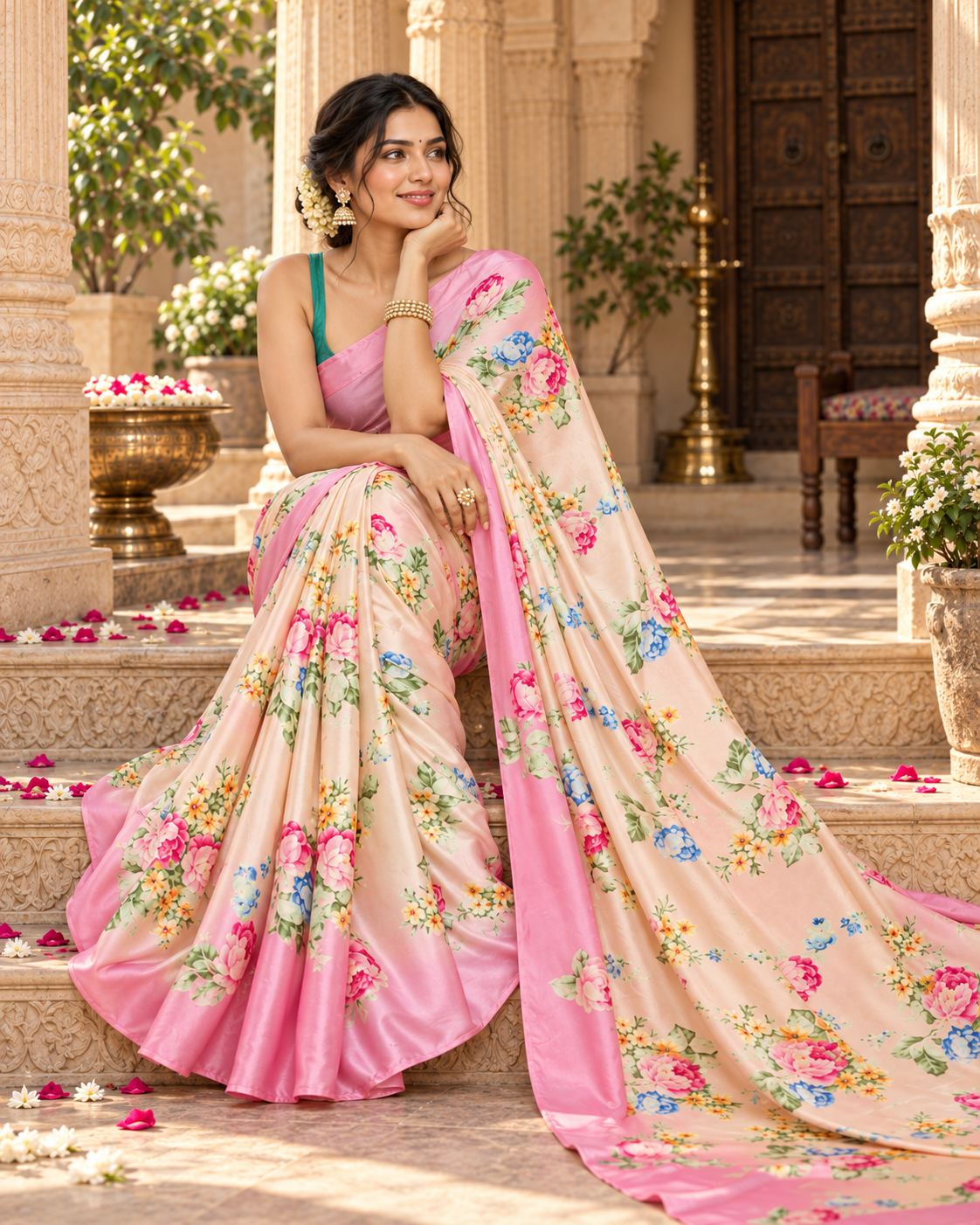 Satin Silk Floral Print Saree With Unstitched Blouse(Cream)
