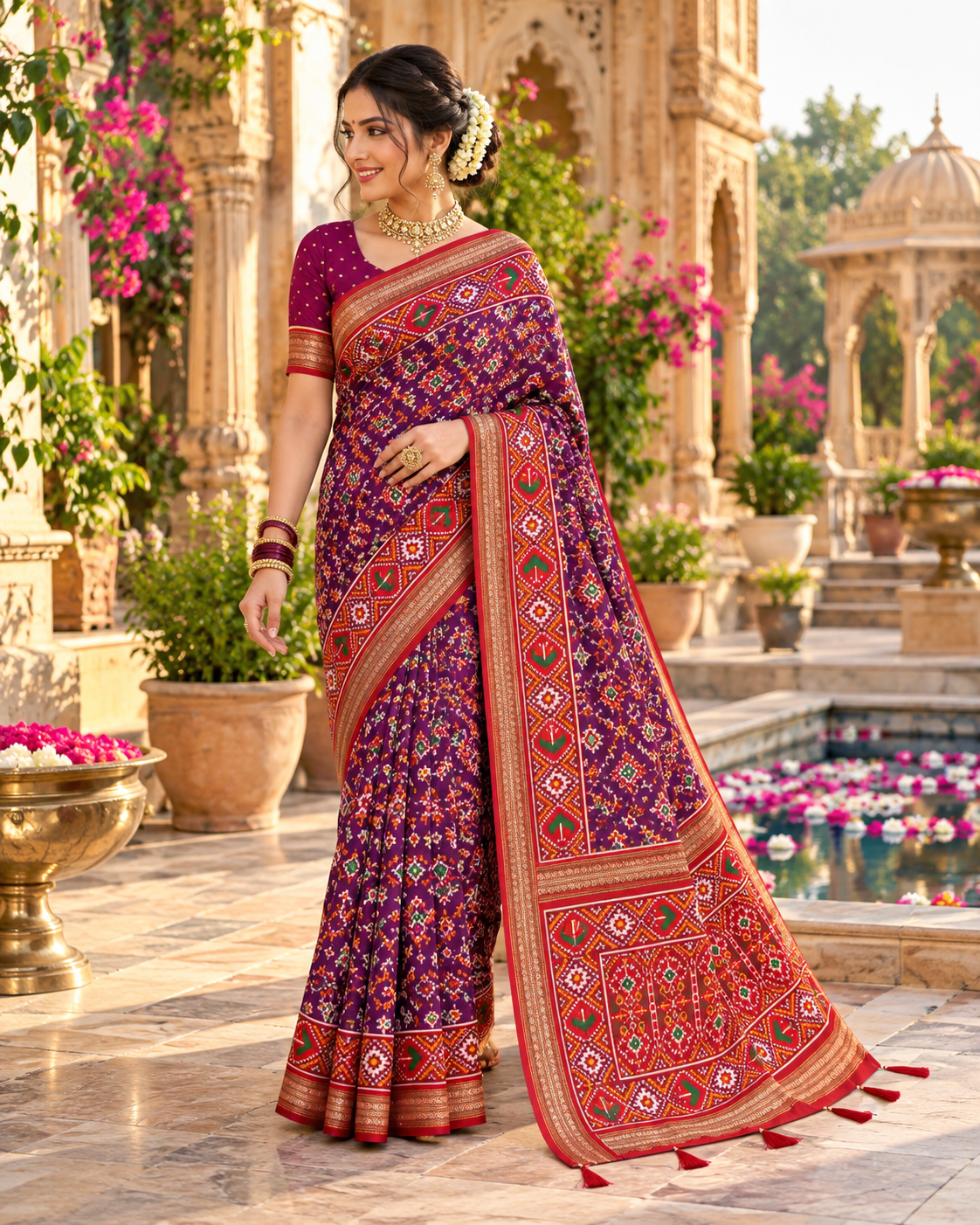 Premium Silk Patola Lagadi Patta Zari Border Tassels Saree (Dark Wine)