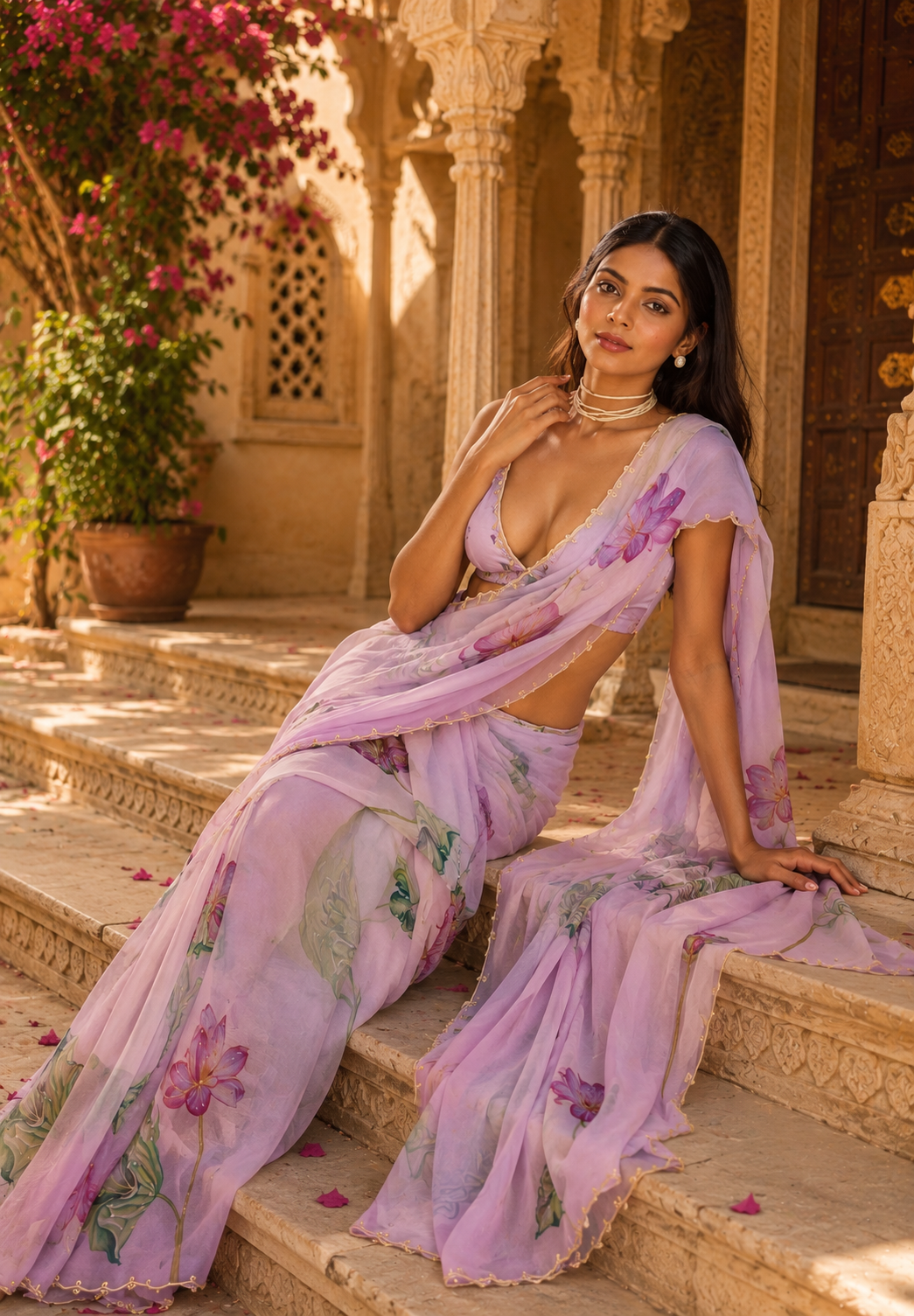 Organza Silk Ready To wear Printed Saree With Unstitched Blouse(Violet)