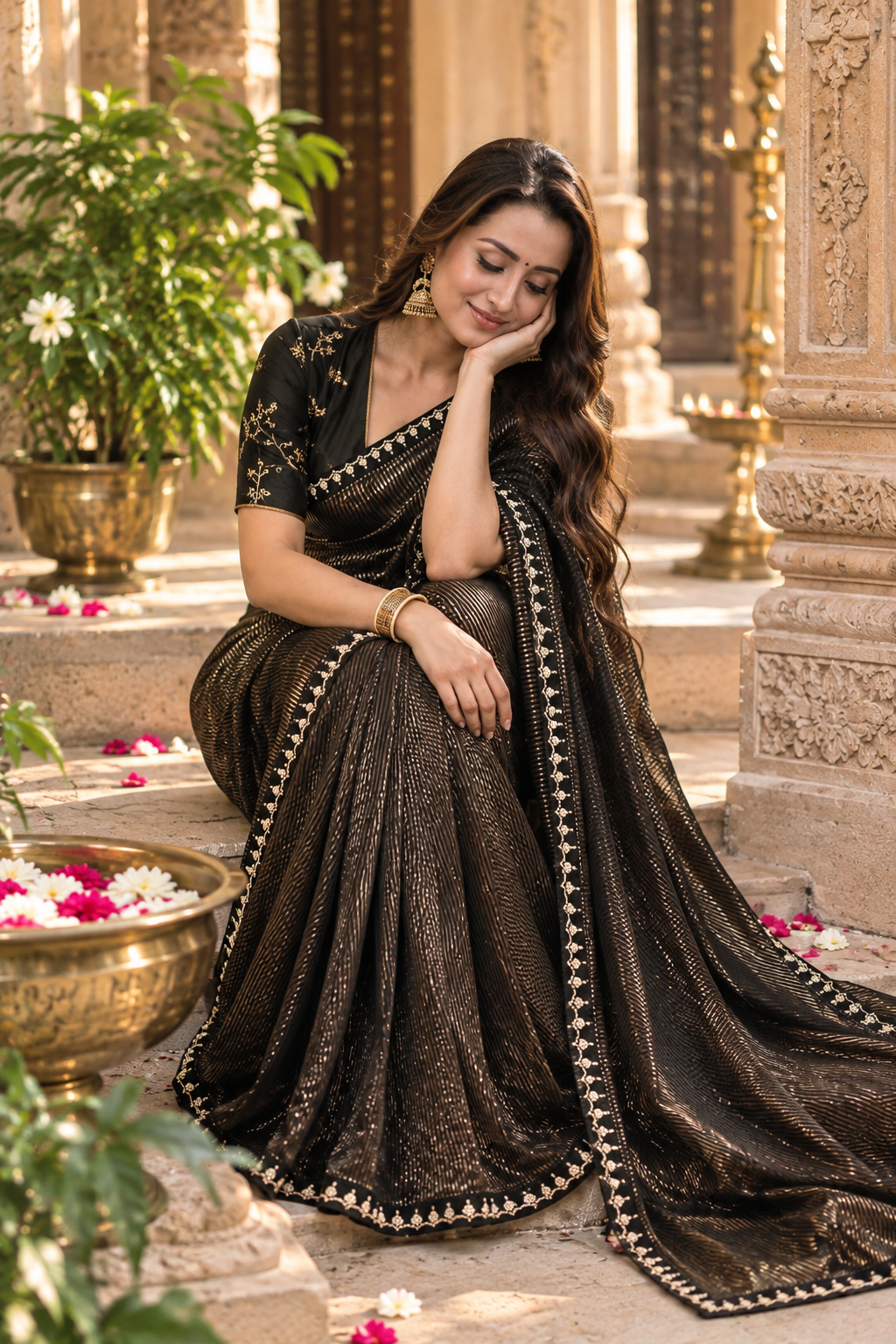 Organza Silk Party Wear Saree With Unstitched Blouse(Black)