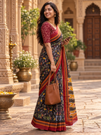 Mulmul Cotton Printed Saree With Unstitched Blouse(Black)