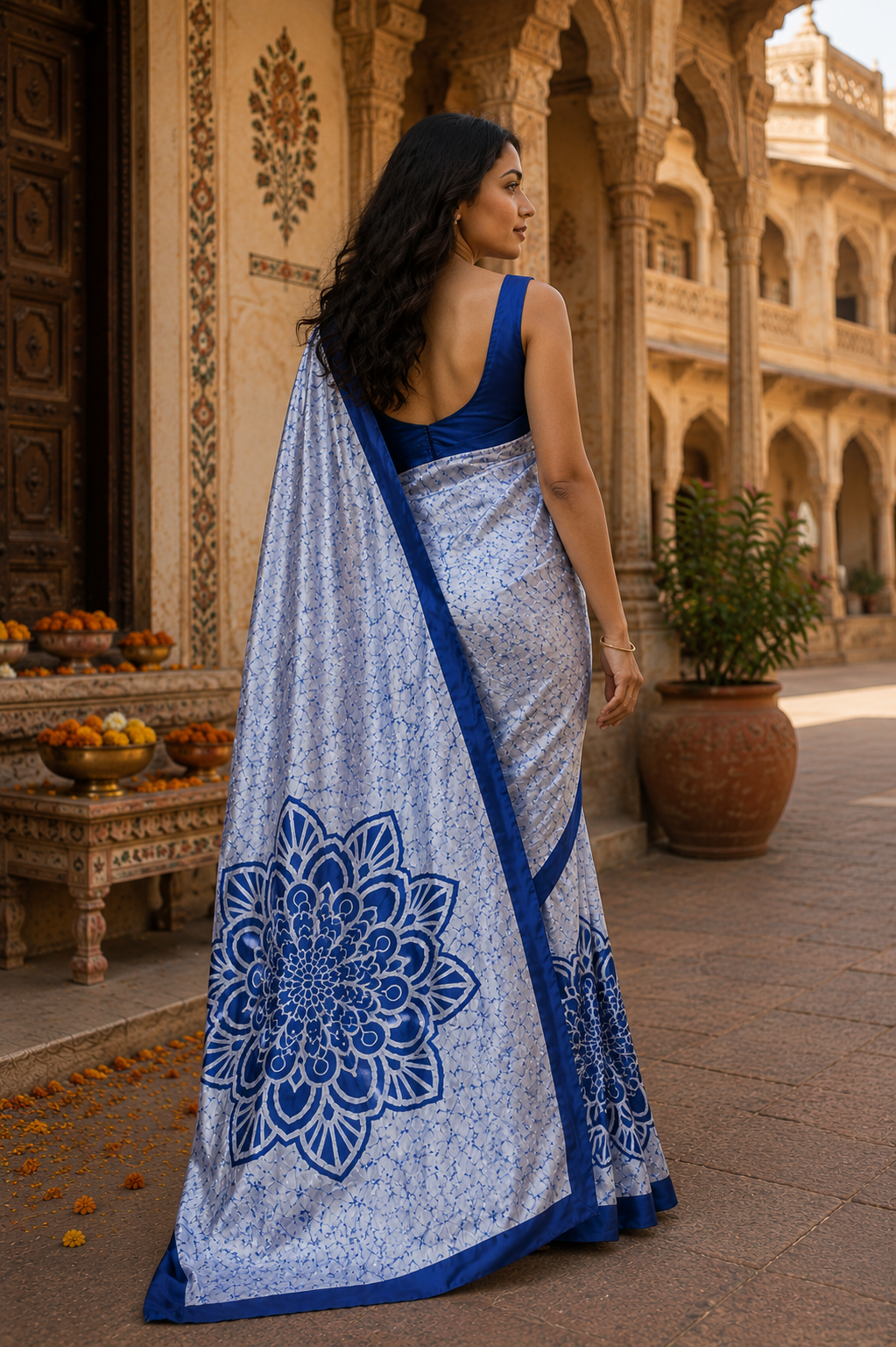 Satin silk printed saree with unstitched blouse(grey)