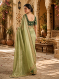 Satin Silk Embroidery Work Saree with Unstitched Blouse(Green)