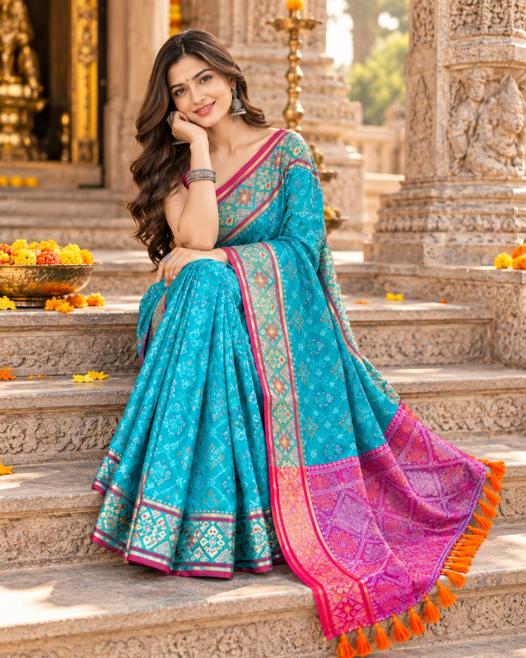Premium Soft Silk Rangeen Patola Meenakari Rich Pallu Tassels Saree With Unstitched Blouse (Blue)