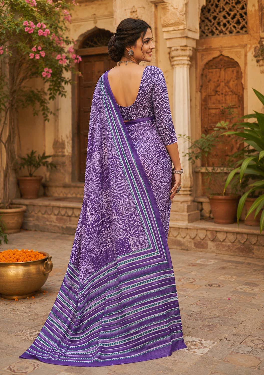 Soft Pure Cotton Bagru-Printed Saree With Unstitched Blouse(Violet)