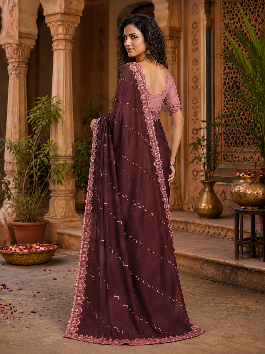 Organza Silk Saree With Unstitched Blouse(Tyrian Purple)