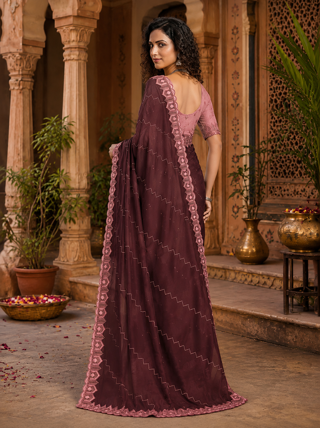 Organza Silk Saree With Unstitched Blouse(Tyrian Purple)