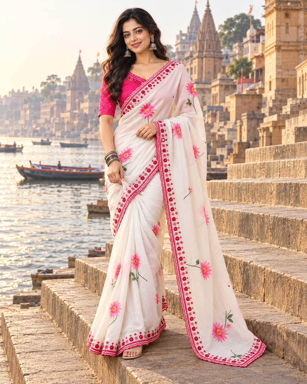 Pure Tabby Silk Embroidery Sequin Work Saree With Unstitched Blouse(White)