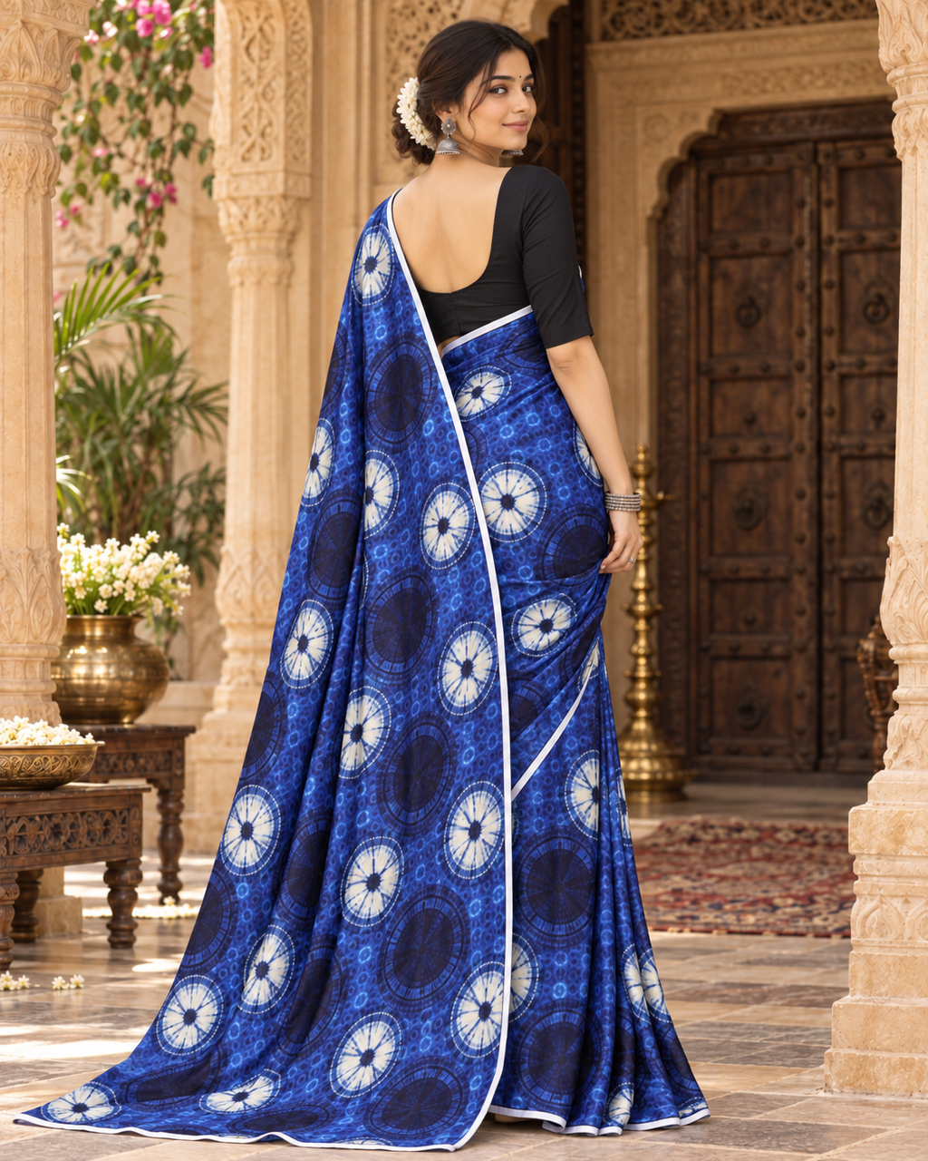 Satin Silk Printed Saree With Unstitched Blouse(Blue)