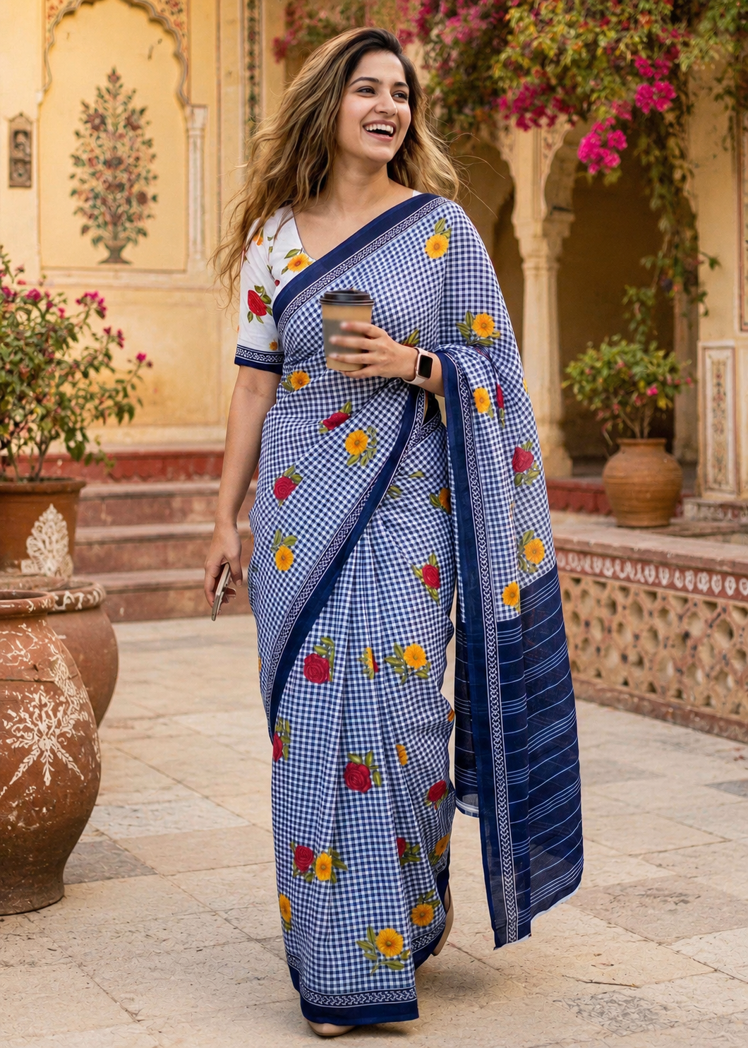 Soft Pure Mulmul Cotton Printed Saree With Unstitched Blouse(Blue)