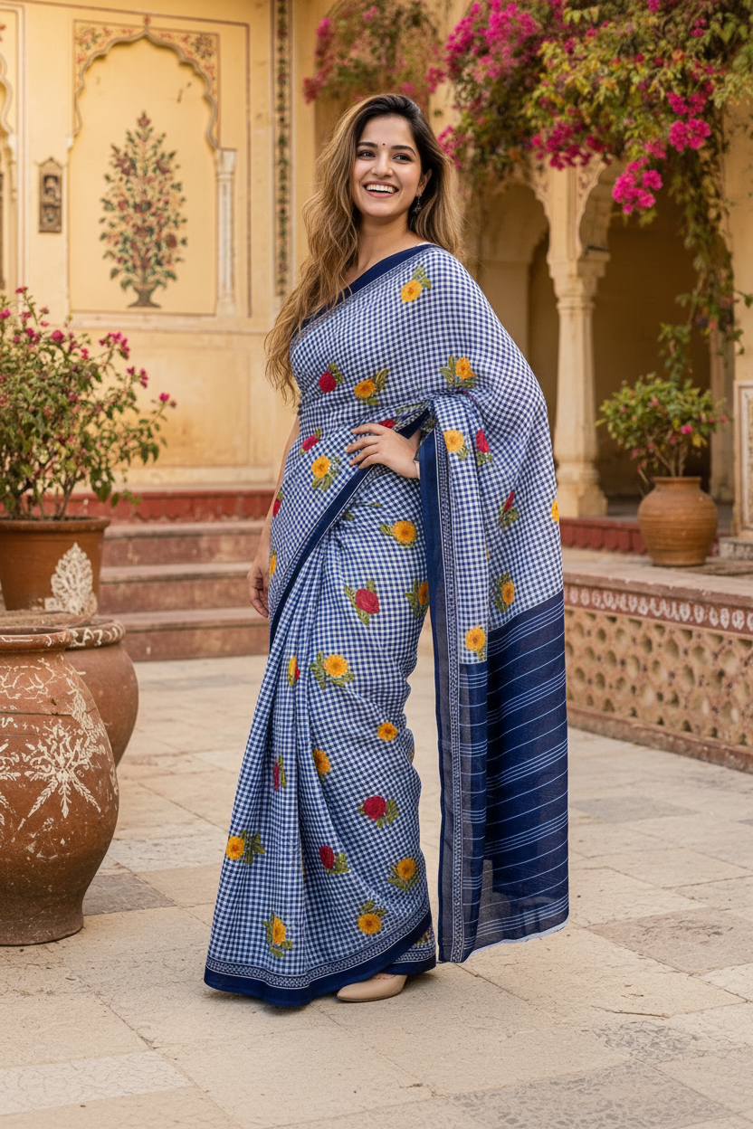 Soft Pure Mulmul Cotton Printed Saree With Unstitched Blouse(Blue)