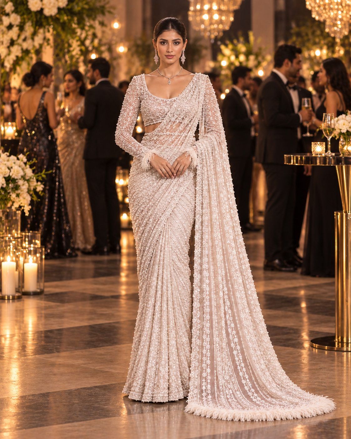 Glamourous Net Embroidery Work Saree With Unstitched Blouse(White)