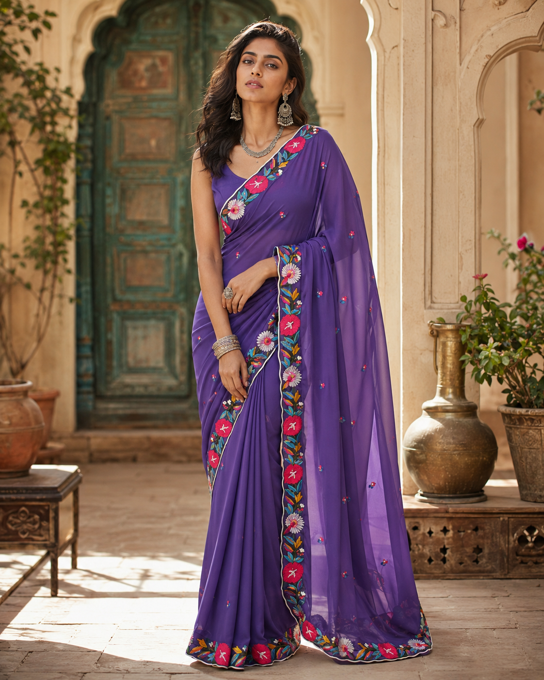 Georgette Printed Saree With Unstitched Blouse(Lavender)