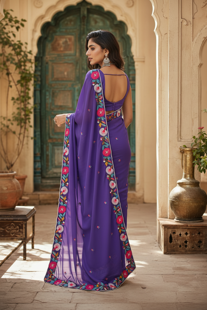 Georgette Printed Saree With Unstitched Blouse(Lavender)