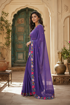 Georgette Printed Saree With Unstitched Blouse(Lavender)