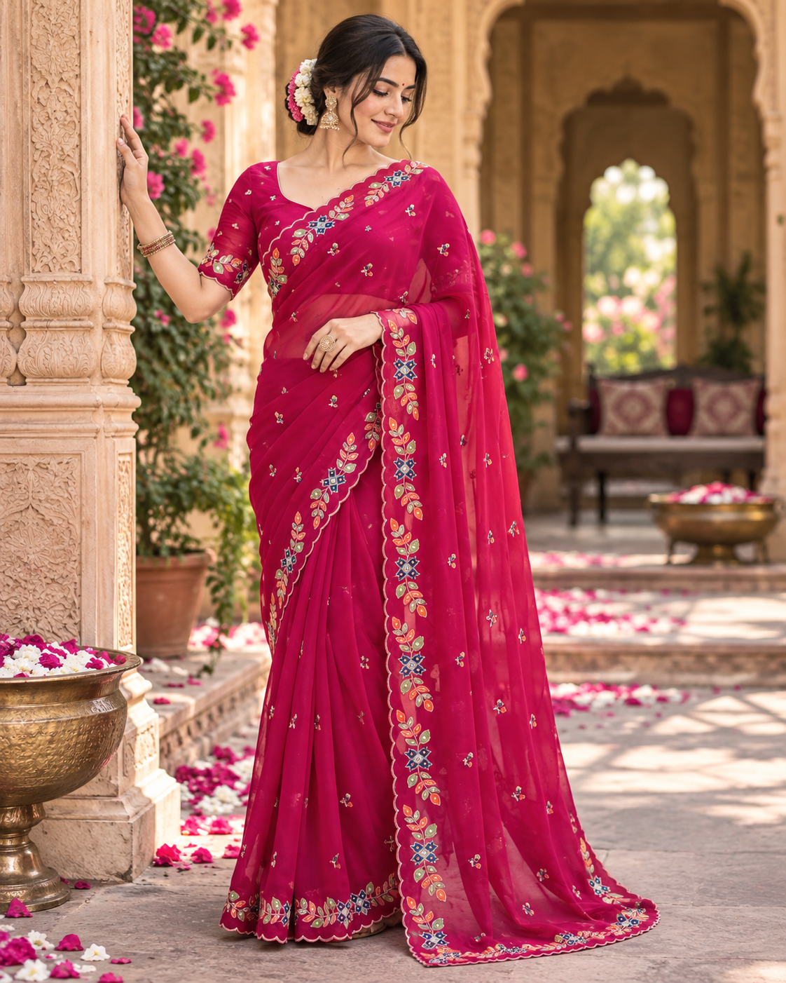 Rangoli Silk Embroidery Work Saree With Unstitched Blouse(Red)