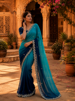 Load image into Gallery viewer, Georgette Border Work Saree With Unstitched Blouse(Blue)
