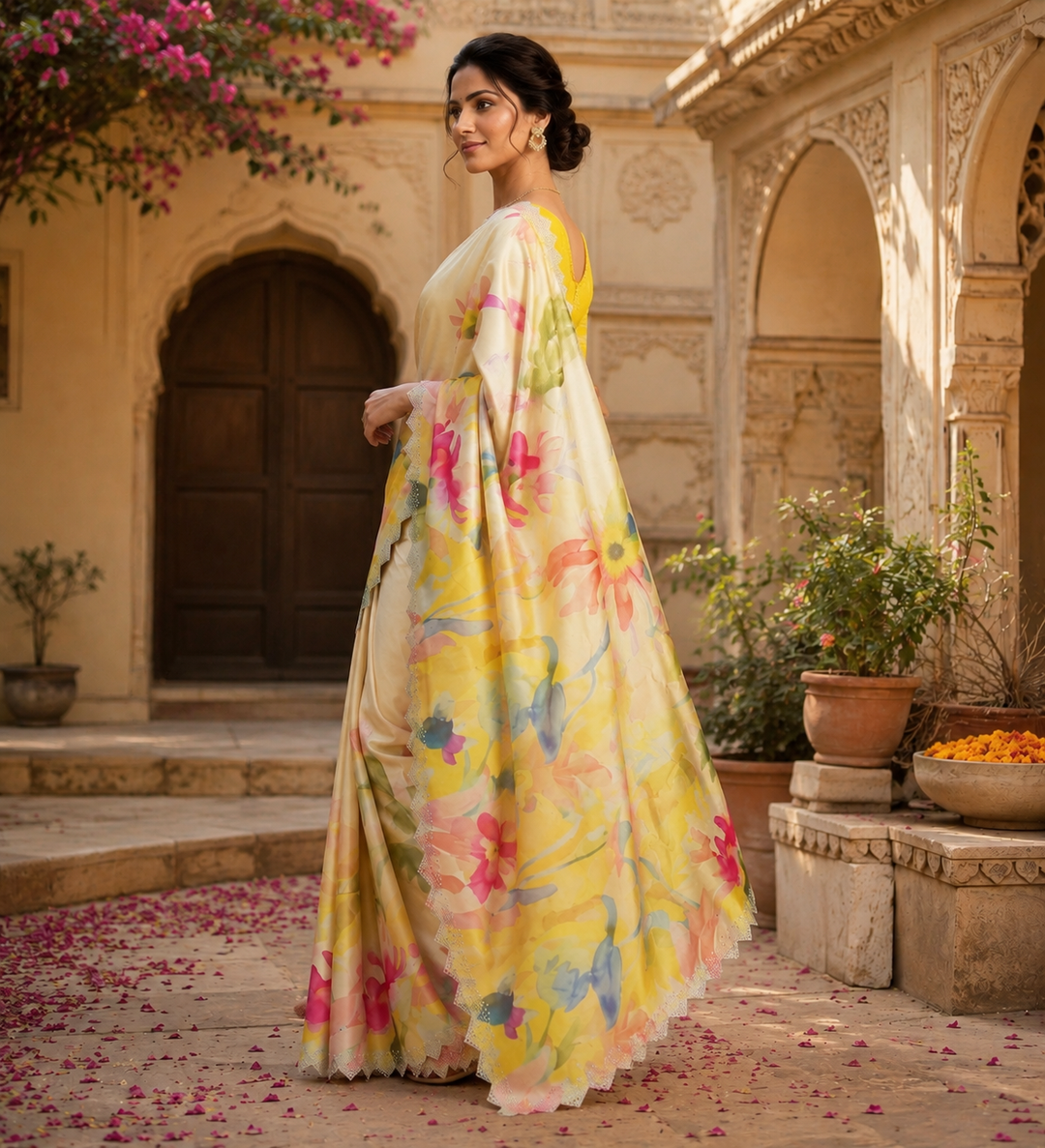 Pure Maheshwari Silk Diamond Cut Work With Unstitched Blouse(Yellow)