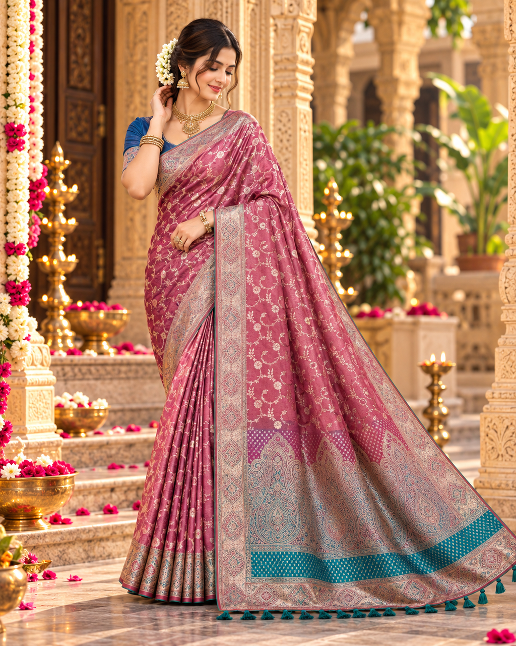 Premium Satin Silk Zari Weaving Border Saree With Unstitched Blouse(Magenta)