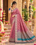 Premium Satin Silk Zari Weaving Border Saree With Unstitched Blouse(Magenta)