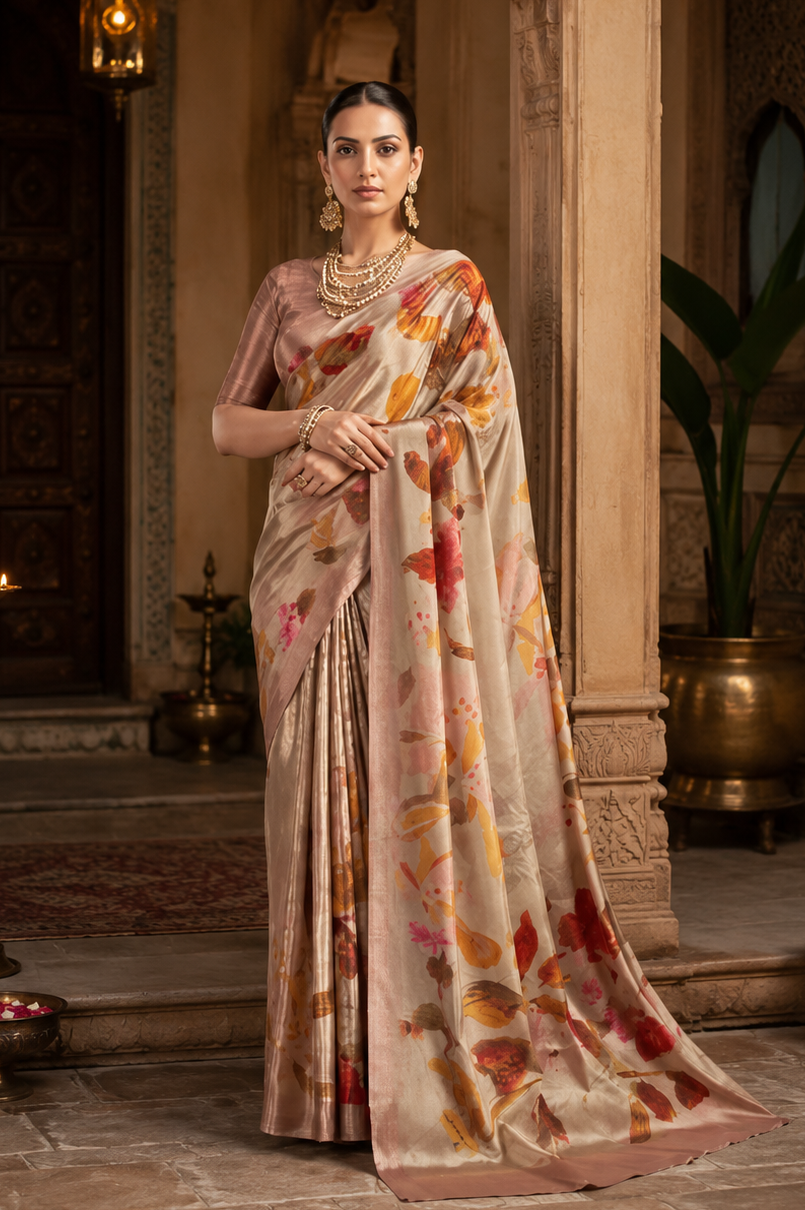 Premium Crepe Silk Saree With Unstitched Blouse(Cream)