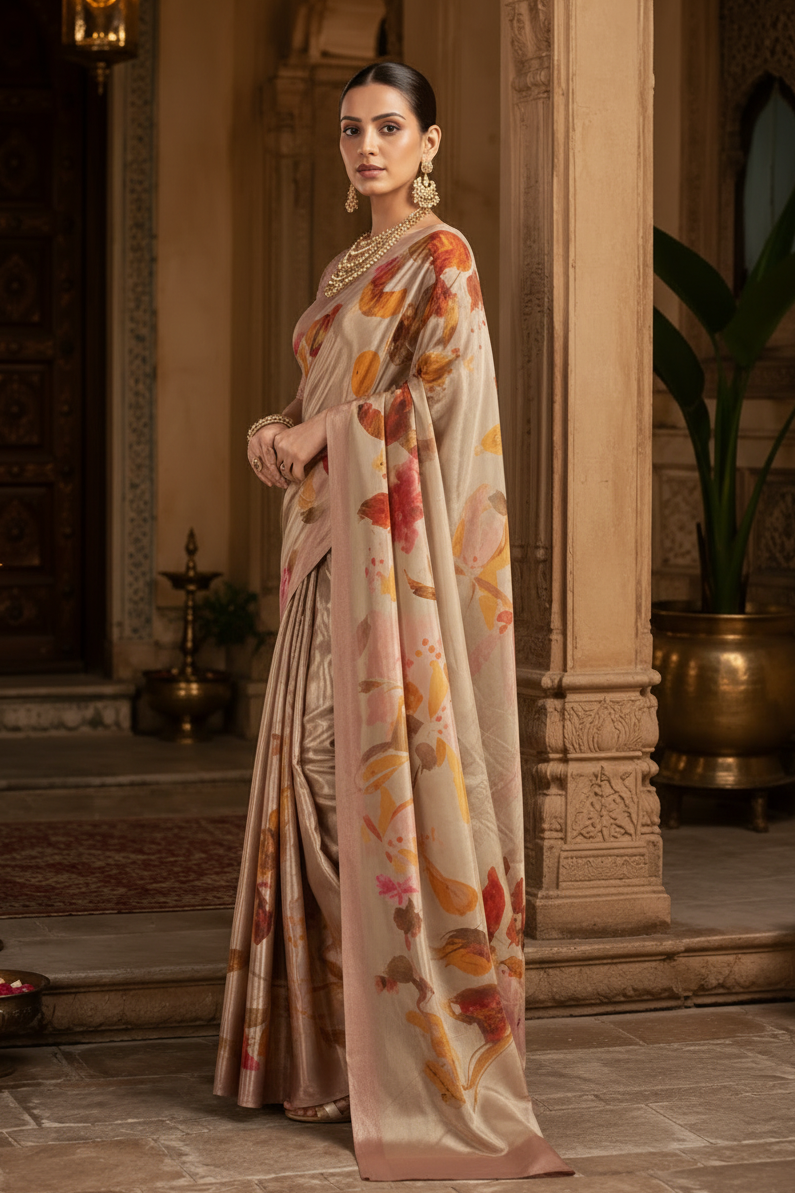 Premium Crepe Silk Saree With Unstitched Blouse(Cream)