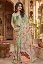 Manipuri Silk Kalamkari Print Saree With Unstitched Blouse(Green)