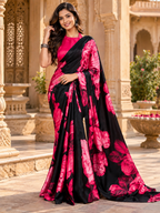 Satin Silk Floral Print Saree With Unstitched Blouse(Pink)