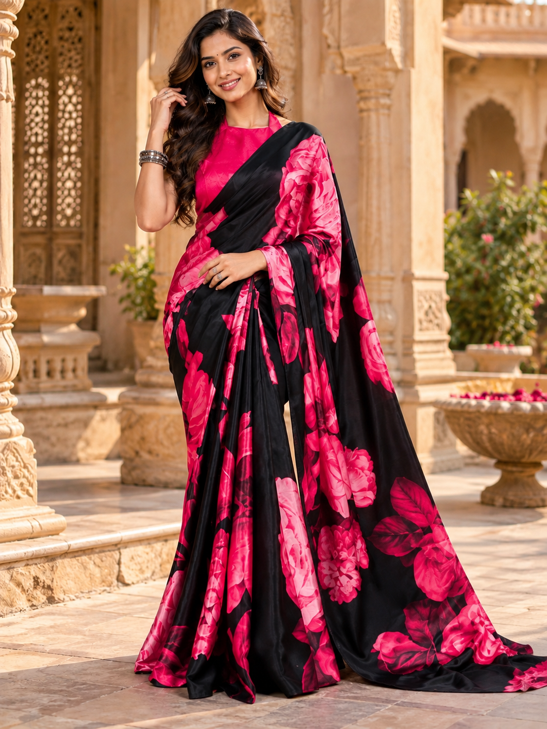 Satin Silk Floral Print Saree With Unstitched Blouse(Pink)