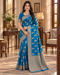 Pure Silk Traditional Buttas Copper Zari Weaving Saree With Unstitched Blouse(Teal)