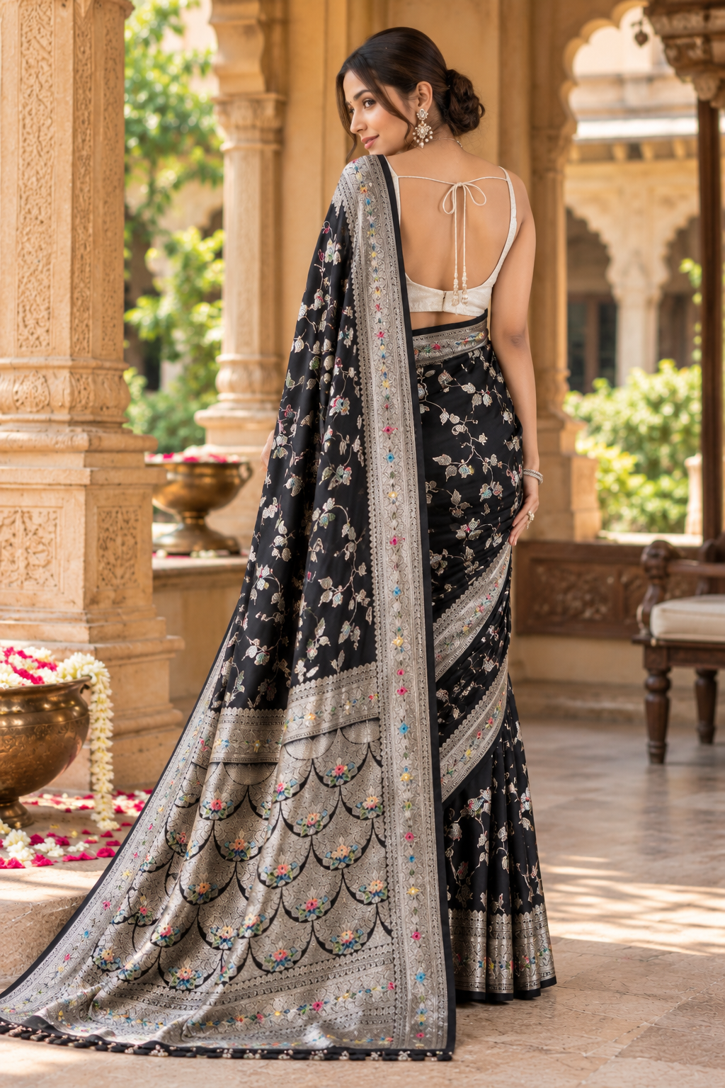 Banarasi Silk Zari Border Work Saree With Unstitched Blouse(Black)