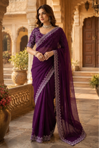 Premium Georgette Sequins Border Work Saree With Unstitched Blouse(Wine)
