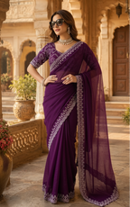 Premium Georgette Sequins Border Work Saree With Unstitched Blouse(Wine)
