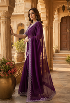 Premium Georgette Sequins Border Work Saree With Unstitched Blouse(Wine)