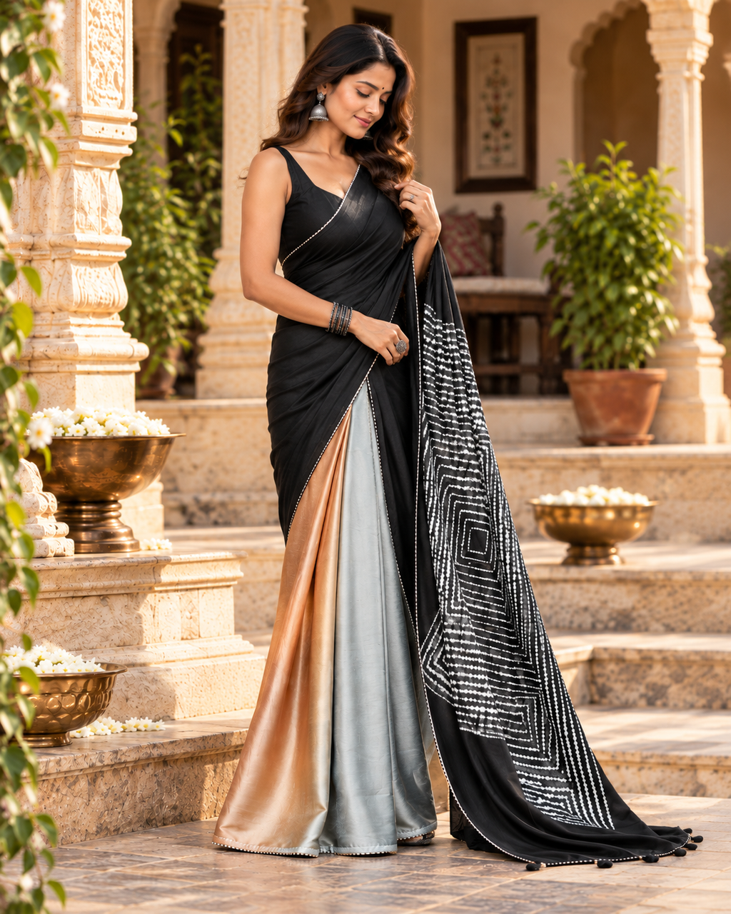 Pure Silk Digital Print Lace Patti Border Saree With Unstitched Blouse(Black Currant)